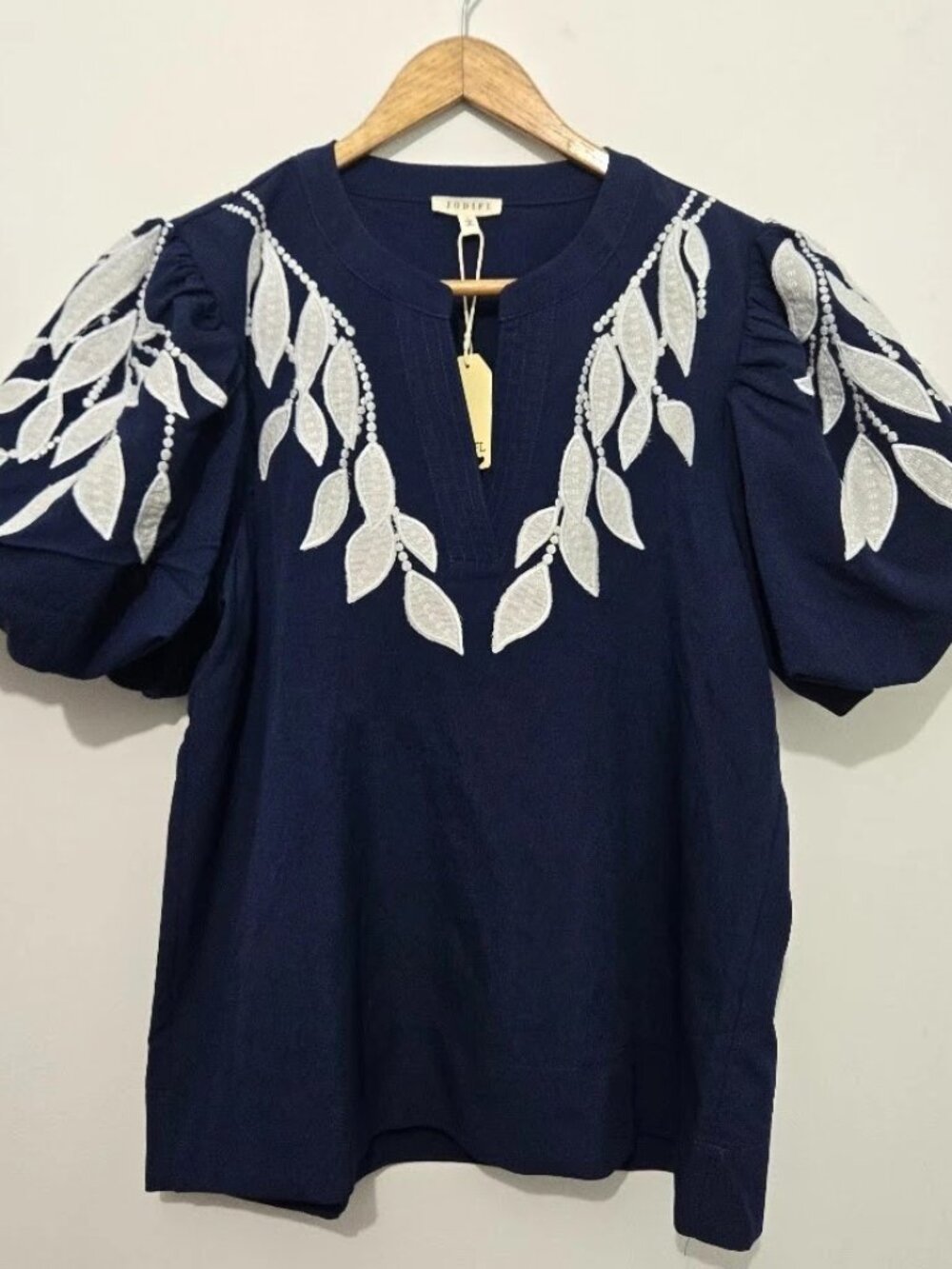 NWT Jodifl Navy Blue Leaf Embroidered Puff Sleeve Top Sz S Boho Festival Coastal